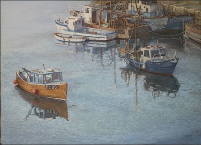 oil painting, scruffy boats, Newlyn harbour