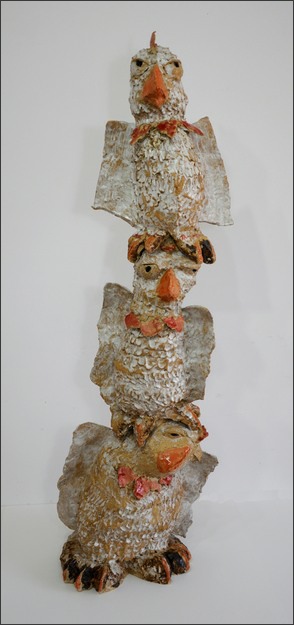 Top bird, stoneware with vitrous slips, oxides and glazes, in three interlocking pieces approx 1 metre tall