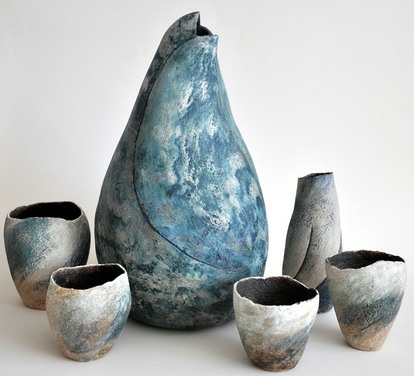 large wave, small sea pots, stoneware with vitrous slips and oxides