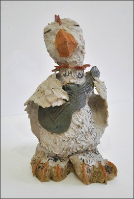 guitar playing bird, stonware, vitrous slips, oxides and glazes