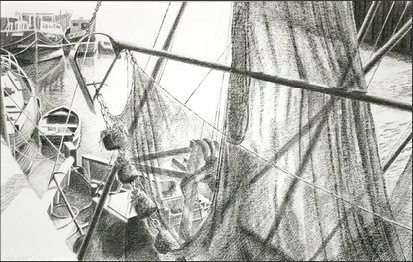 Drying nets, fishing boats in the river at Boston, conte drawing