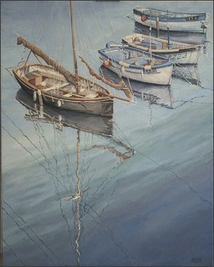 oil painting, yachts, Newlyn harbour