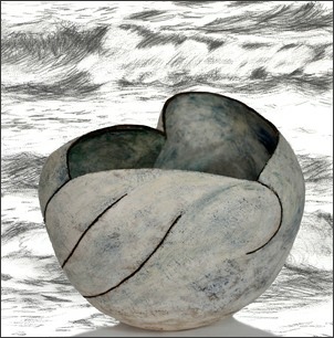 large sea pot, stoneware with vitreous slips and oxides - shown on charcoal drawing of waves
