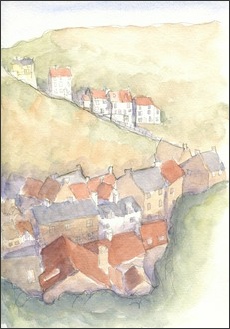 Staithes, looking towards the Cowbar, watercolour sketch